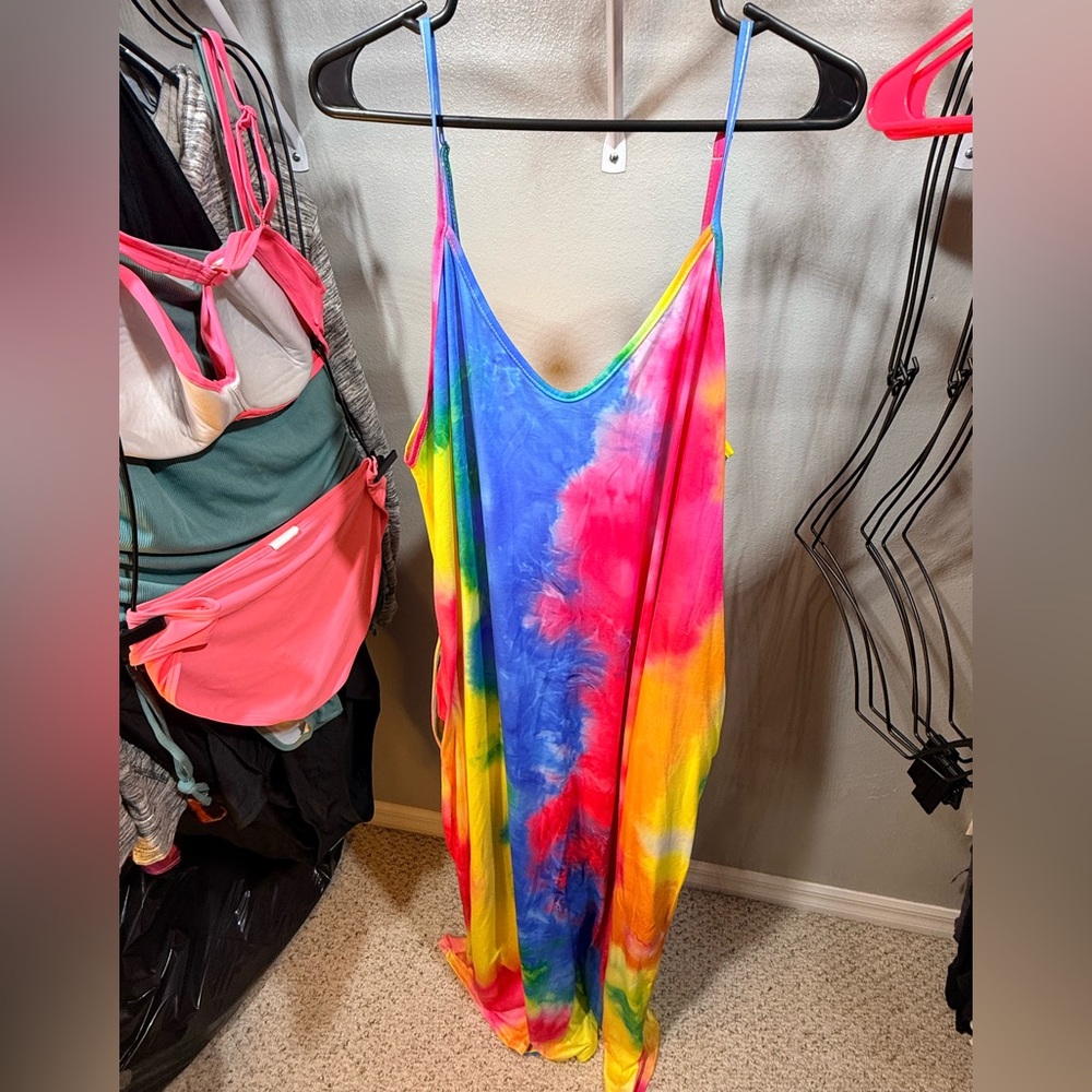 Colorful Tie Dye Maxi Dress 2XL Rainbow Vacation Beach